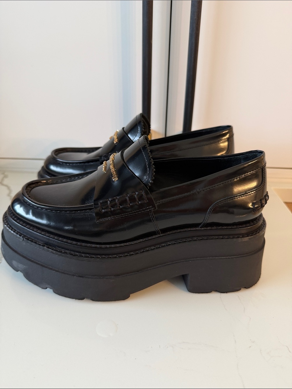 Alexander Wang Black Patent Leather Platform Loafers with Gold Logo
